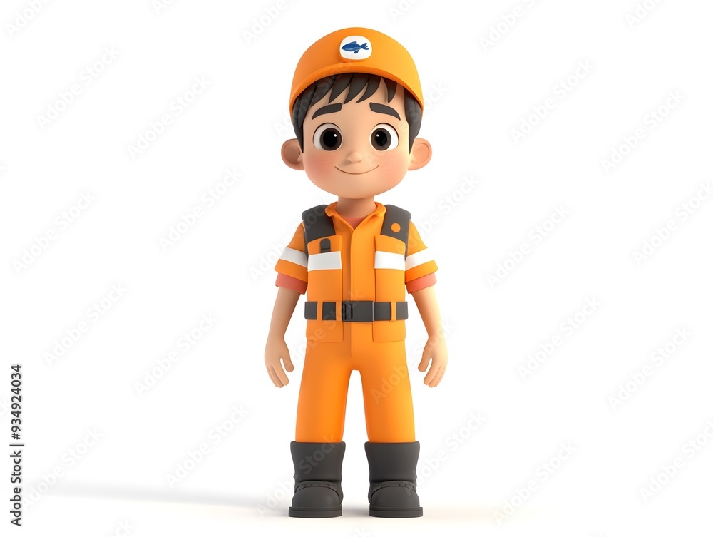 A Full Body 3D Animation of a Young Boy Wearing a Marine Biologist Uniform Standing at the Center of a White Background with No Shadow A Full Body 3D Animation of a Young Boy Wearing a Marine Biologist Uniform Standing at the Center of a White Background with No Shadow