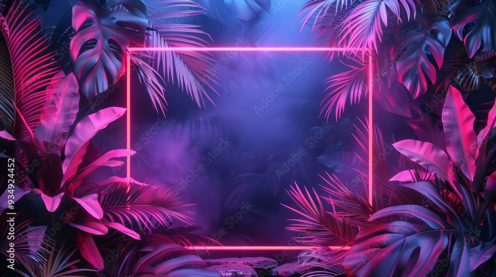 A vibrant neon frame surrounds a tropical setting, with neon patterns creating a mesmerizing and eye-catching design. This illustration is perfect for projects that need a lively and energetic feel. A vibrant neon frame surrounds a tropical setting, with neon patterns creating a mesmerizing and eye-catching design. This illustration is perfect for projects that need a lively and energetic feel.