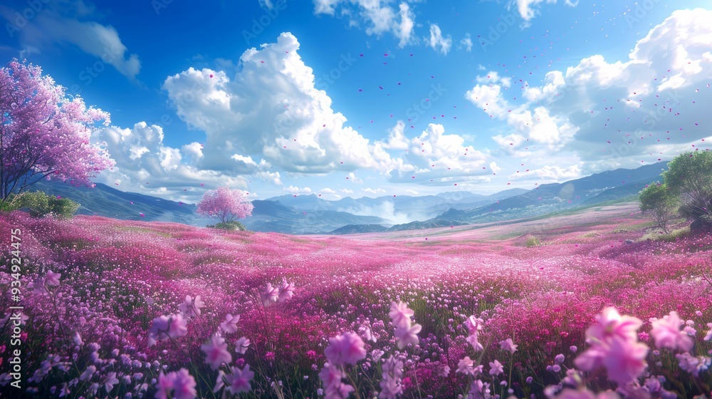 Fototapeta premium A Field of Pink Flowers Under a Blue Sky with White Clouds and Pink Petals Falling