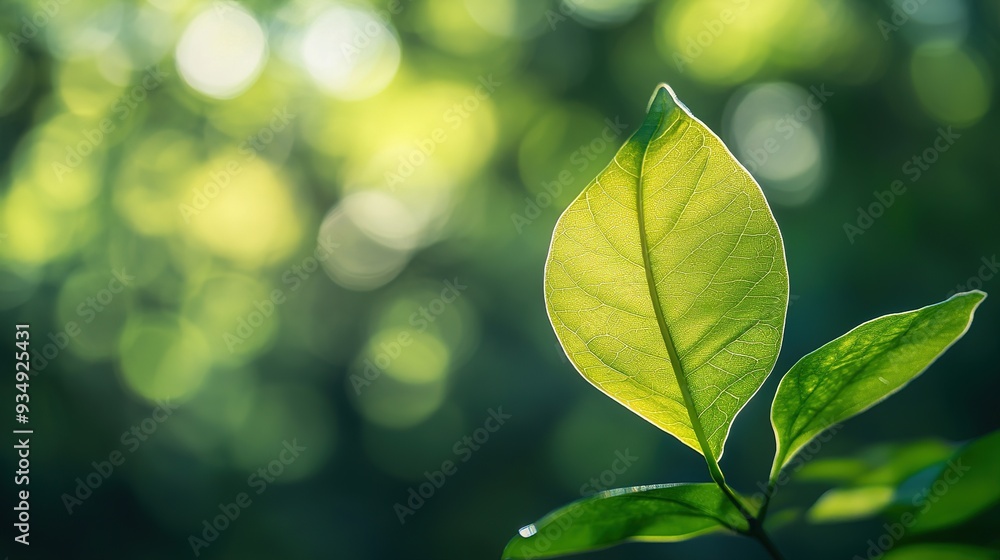 Naklejka premium Sun-Kissed Serenity: A vibrant green leaf, kissed by the golden hour sun, glows against a backdrop of bokeh lights in the forest.