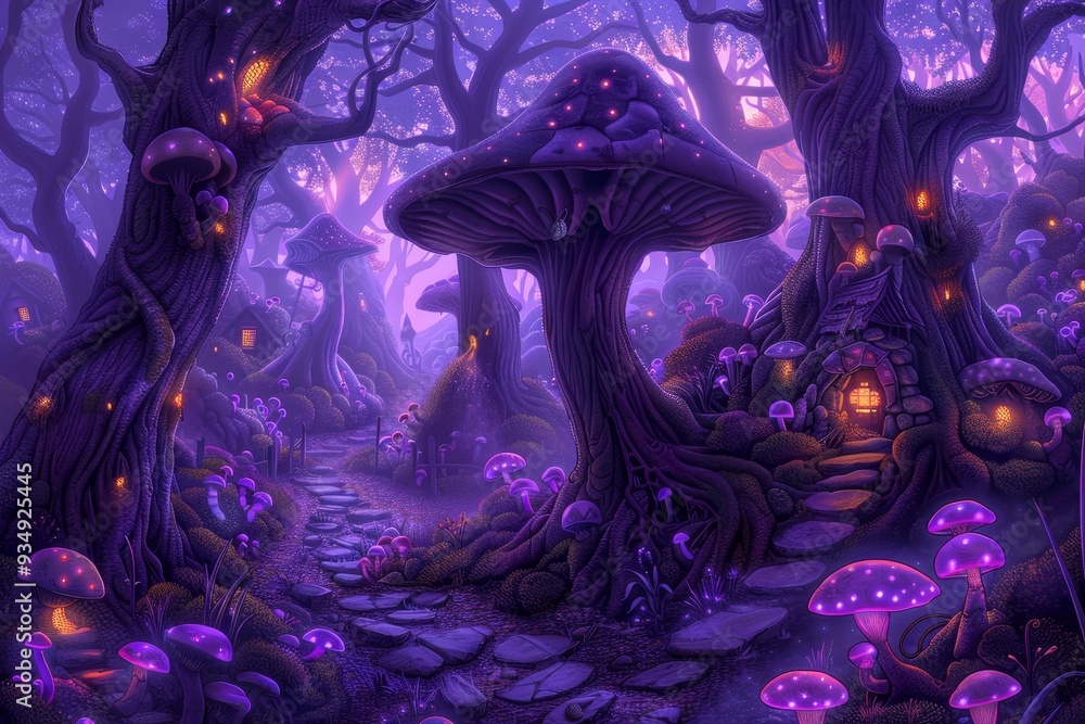 Obraz premium A delightful scene in Wonderland with a magical forest. The landscape is filled with whimsical trees, glowing flora and an ethereal atmosphere that captures the essence of a fantastical world.