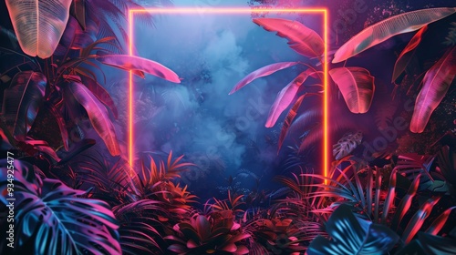 An elegant illustration featuring a neon frame surrounding dense, lush vegetation, with vivid colors highlighting the contrast between nature and neon.