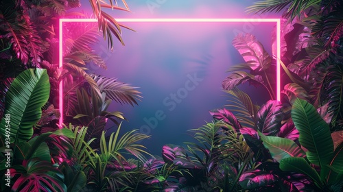 An artistic composition where a neon border frames thick, lush vegetation, emphasizing the vividness of the greenery.