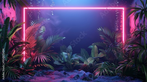 A bold neon frame encasing a scene of lush tropical vegetation, creating a vibrant contrast between the neon light and the green plants.