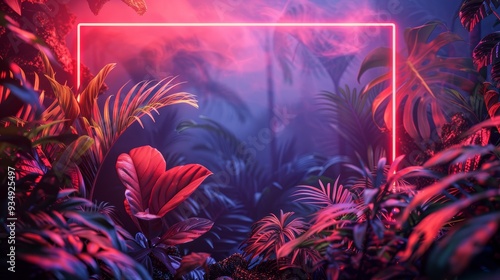 A dynamic design with a neon frame surrounding a border of dense, lush plants, combining the modernity of neon with the natural lushness of vegetation.