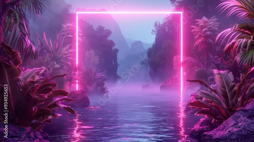 A bold illustration of a neon frame outlining a tropical lagoon, with shimmering waters and tropical plants, creating a scene of perfect paradise