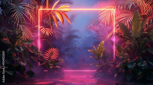 A stylish illustration featuring a neon sign in the shape of a frame, highlighting the beauty of a tropical paradise with its vibrant colors and lush greenery.