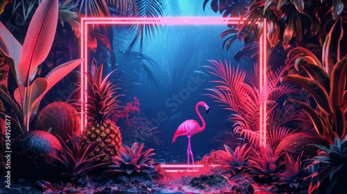 A creative illustration of a neon frame with a tropical theme, incorporating elements like pineapples, coconuts, and flamingos for a fun and lively design.