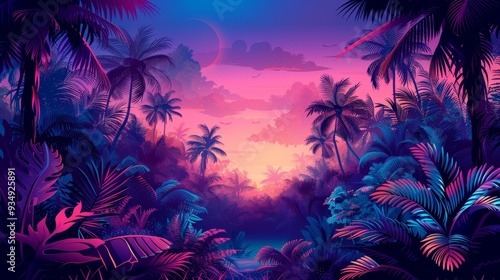 An eye-catching illustration of a neon frame featuring tropical elements like palm trees and seashells, adding a touch of paradise to the design.