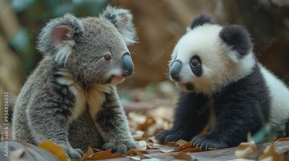 Obraz premium Adorable Koala and Panda Cub Playful Meeting in Forest Setting, Cute Animal Interaction, Nature Wildlife Theme