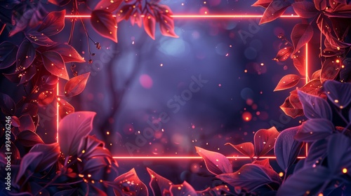 An artistic illustration of a neon frame composed of glowing branches and leaves, adding a whimsical touch to any design.
