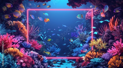 A detailed illustration of a neon frame enclosing a tropical paradise, with colorful fish and coral reefs, perfect for a tropical-themed design.