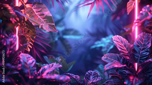 A vibrant neon frame with intricate botanical details, ideal for creating eye-catching decorations for events or digital projects.