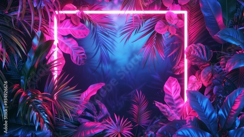 A neon frame with colorful botanical elements, perfect for adding a pop of color and a touch of nature to your designs.
