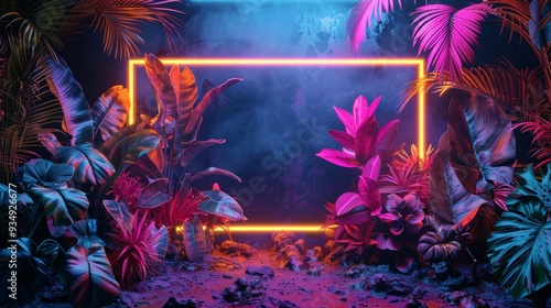 A decorative neon frame with a botanical motif, designed to bring a vibrant and lively atmosphere to any space.