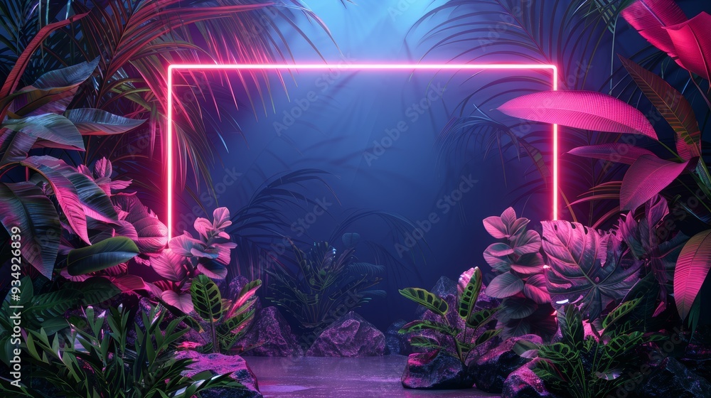 A neon frame incorporating tropical forest elements like vines and leaves, glowing with a soft light that adds depth and dimension to the design. A neon frame incorporating tropical forest elements like vines and leaves, glowing with a soft light that adds depth and dimension to the design.