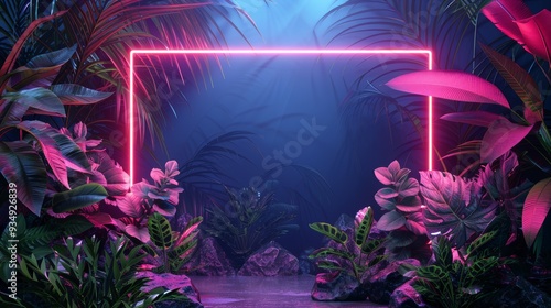 A neon frame incorporating tropical forest elements like vines and leaves, glowing with a soft light that adds depth and dimension to the design.