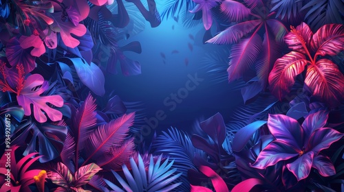 A neon frame with a tropical forest theme, featuring bright colors and intricate details that make the design visually appealing and engaging.