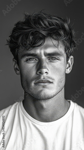 Striking Black and White Portrait of Pensive Young Man in White T-Shirt with Intense Gaze Capturing Thoughtful Mood, Expressive Emotion and Contemporary Style, Perfect for Lifestyle and People Themes photo