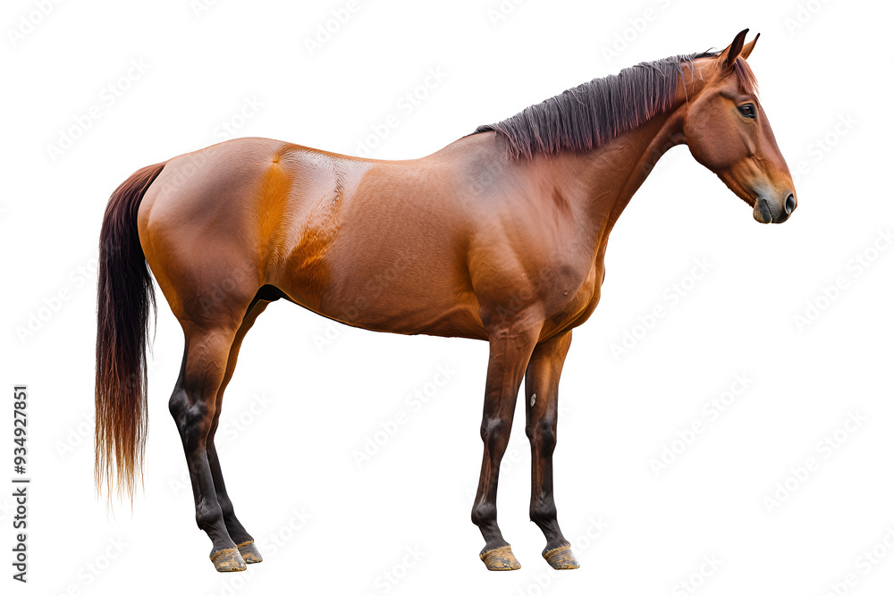 Fototapeta premium Horse with brown coat, standing in full length, isolated on a white background,