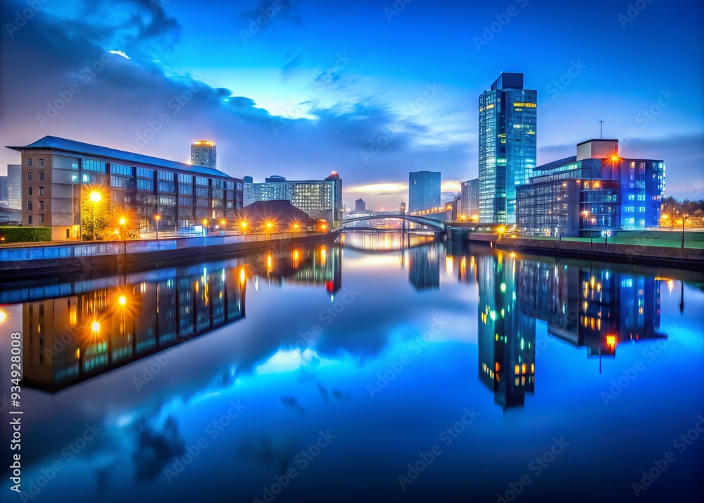 Fototapeta premium ethereal nighttime shot of glasgow harbour with reflections of city lights and calm waters in cool blue hues and misty atmosphere
