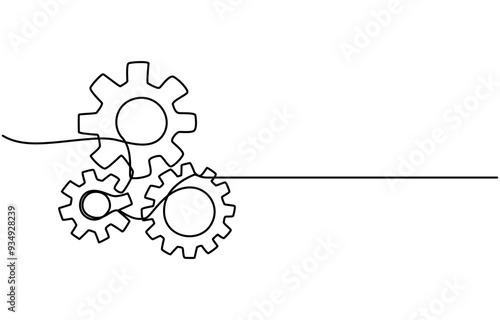 Single line drawing with one gear. One continuous line illustration of gear wheel, Gears Continuous Line Icon, Gear Continuous Line Icon, Gears wheel symbol technology, continuous one line drawing.