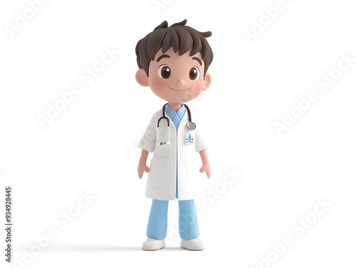 Detailed 3D Animation Rendering of a Young Boy Wearing a Veterinarian Assistant Uniform Standing at the Center of a White Backdrop with No Shadow