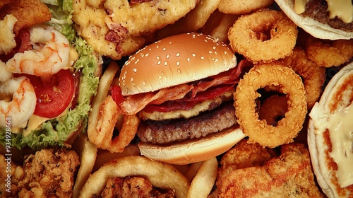 Fast Food Feast: A tantalizing close-up of a juicy burger, crispy onion rings, and a variety of other fried favorites