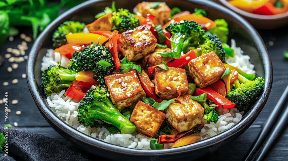 Delicious tofu stir-fry with broccoli, bell peppers, and rice. Delicious tofu stir-fry with broccoli, bell peppers, and rice.