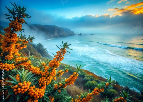 Dramatic low-angle shot of sea buckthorn shrubs emerging from misty coastal fog at dawn with turquoise ocean backdrop photo