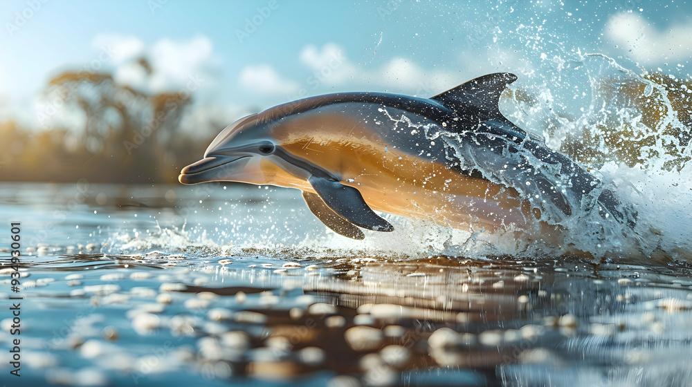 Fototapeta premium Amazon Tucuxi Dolphin leaping out of the water, creating splashes and dynamic movement
