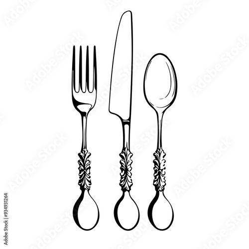Spoons, Forks, Knife, Eating Utensils Black Line Art Sketch Drawing on White. Cooking Utensils Line Art Style for Logos, Business Cards, Banners. Black and White Minimalist Vector illustration