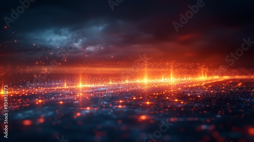 Glowing orange embers and sparks illuminated against a dark, stormy sky at dusk over a reflective surface