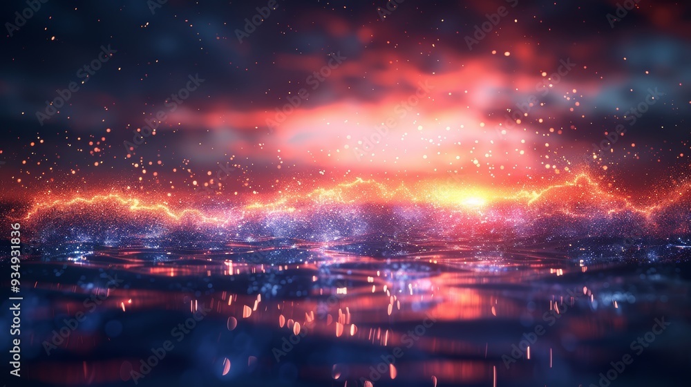 Vibrant sunset over calm ocean waves illuminated by glowing reflections at twilight Vibrant sunset over calm ocean waves illuminated by glowing reflections at twilight