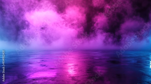 Abstract Background with Purple and Blue Smoke and Reflections on a Wet Surface