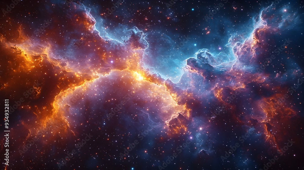 Fototapeta premium Mesmerizing Galactic Tapestry - Vibrant Cosmic Entities and Luminous Stellar Clusters in a Captivating Retrofuturistic Space Scene