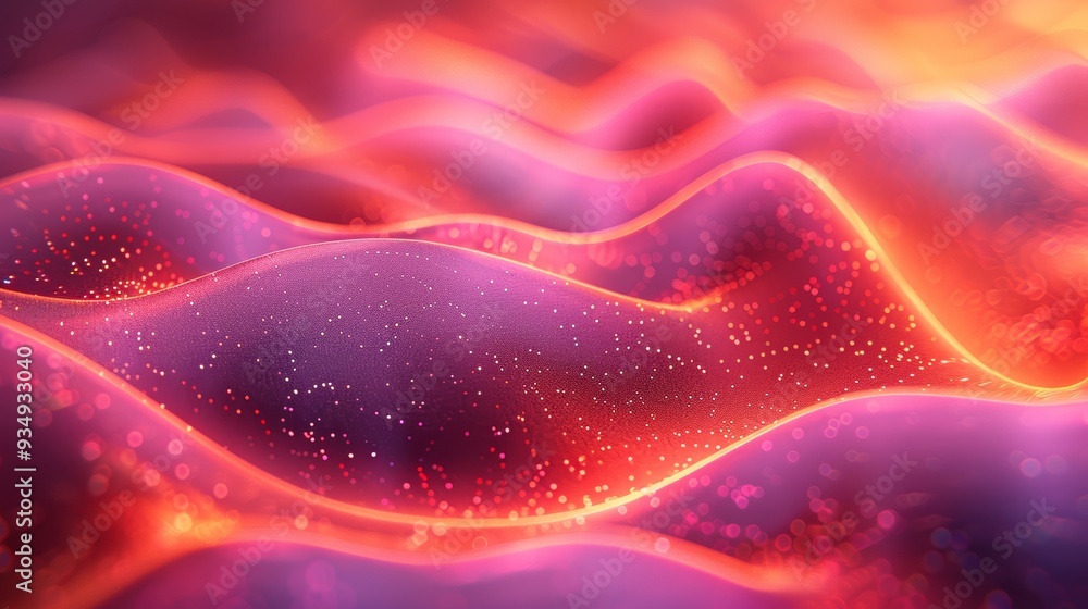 Abstract depiction of glowing waves in vibrant colors with swirling patterns and shimmering particles Abstract depiction of glowing waves in vibrant colors with swirling patterns and shimmering particles