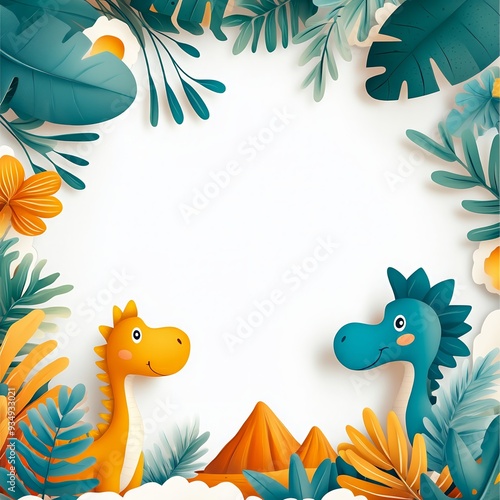 Fototapeta Naklejka Na Ścianę i Meble -  Colorful cartoon dinosaurs with tropical foliage in a playful frame. Perfect for children's designs and educational materials.