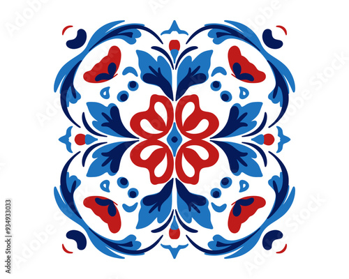 Ornamental floristic texture tile pattern in blue red tones, Turkish İznik