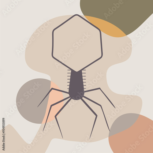 Bacteriophage. Illustration of phage virus. Background with blobs. Microbiological research and analysis.