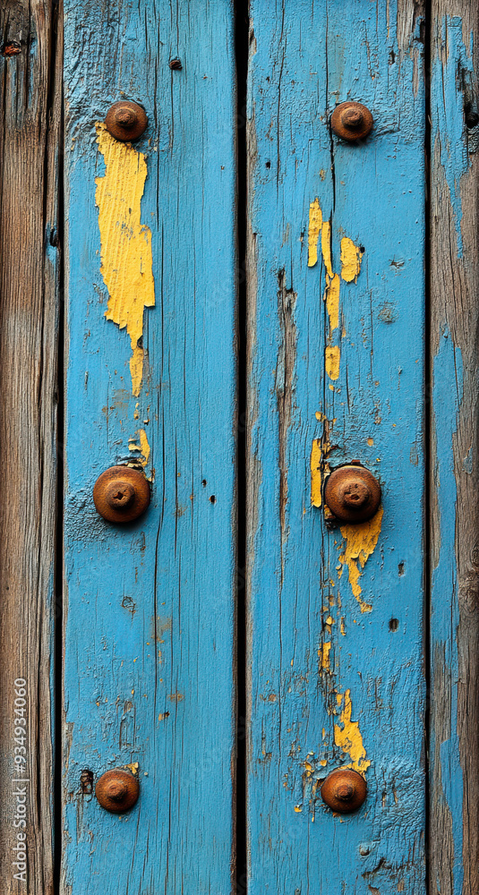 Rustic Wooden Door with Peeling Blue Paint and Metal Rivets, Weathered Texture Background, Vintage Aesthetic, Industrial Design Concept Rustic Wooden Door with Peeling Blue Paint and Metal Rivets, Weathered Texture Background, Vintage Aesthetic, Industrial Design Concept