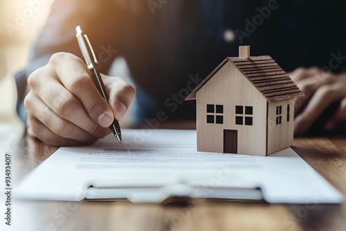 A person signing a real estate document with a house model on top