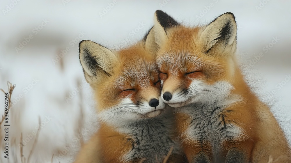 Obraz premium Two Red Foxes Snuggling Close Together in the Snow