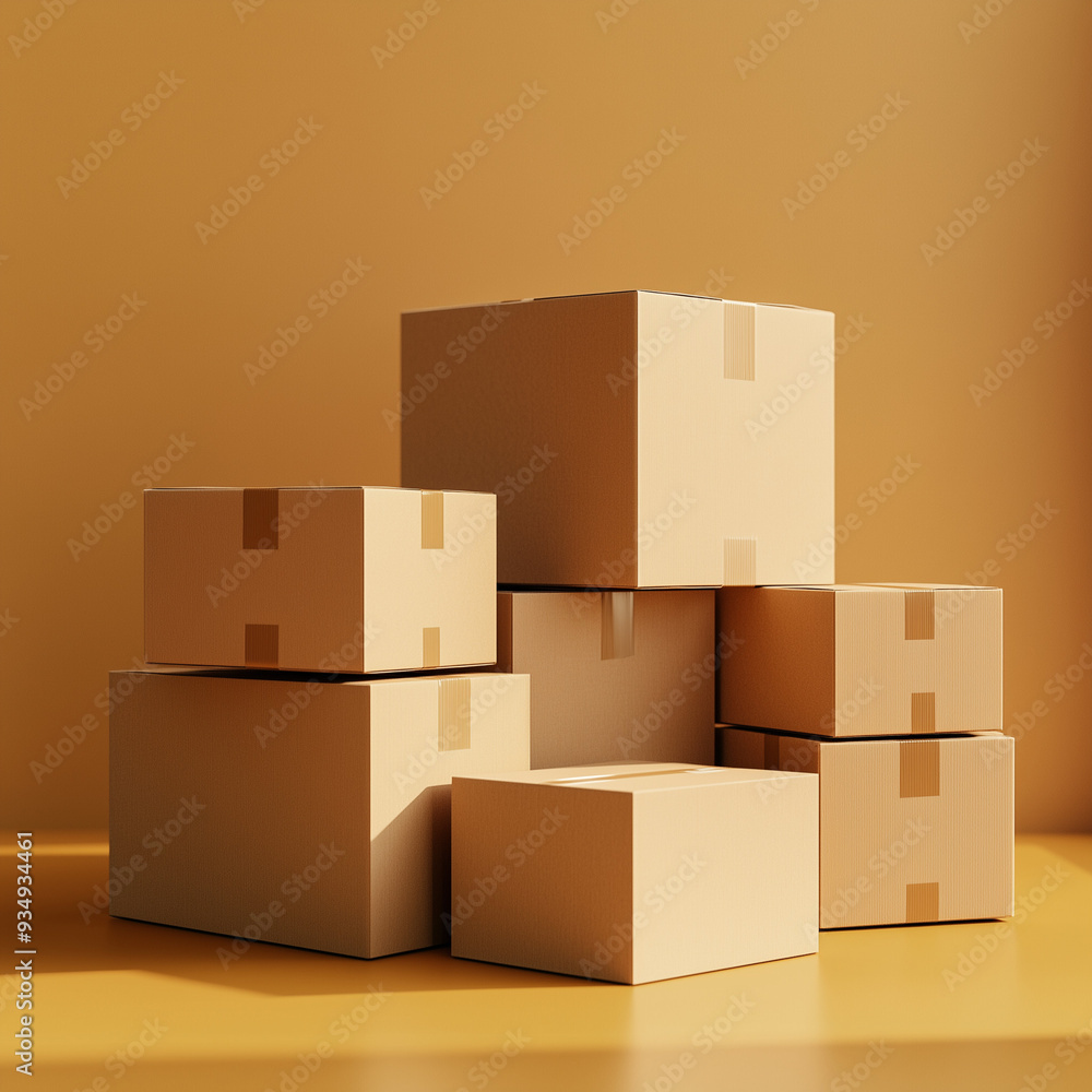 Cardboard boxes of different sizes are arranged on a warm orange surface, creating an inviting and stylish backdrop perfect for showcasing products or messages Cardboard boxes of different sizes are arranged on a warm orange surface, creating an inviting and stylish backdrop perfect for showcasing products or messages