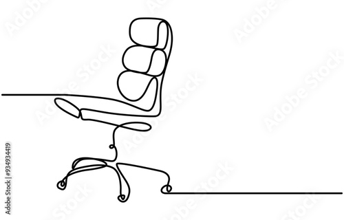 Office chair in continuous line art drawing style. Swivel desk chair black linear sketch isolated on white background. Vector illustration, Office Chair, Continuous single one line art drawing.