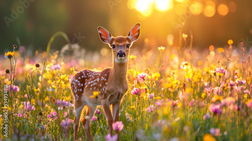 A baby deer is standing in a field of flowers