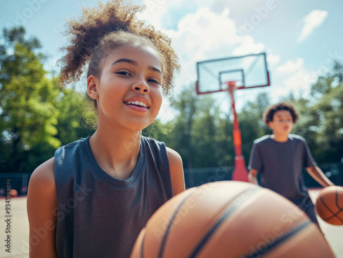 A young girl is smiling and holding a basketball photo