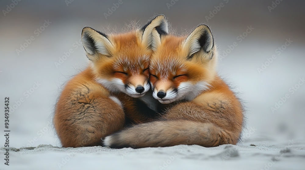 Two Red Fox Kits Huddled Together in the Sand Two Red Fox Kits Huddled Together in the Sand