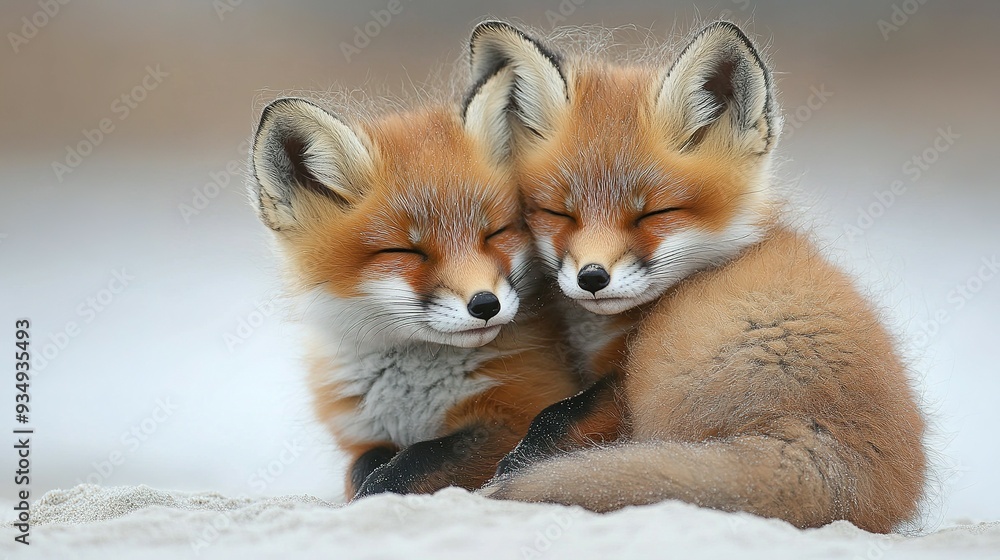 Two Red Fox Kits Huddled Together in the Snow Two Red Fox Kits Huddled Together in the Snow