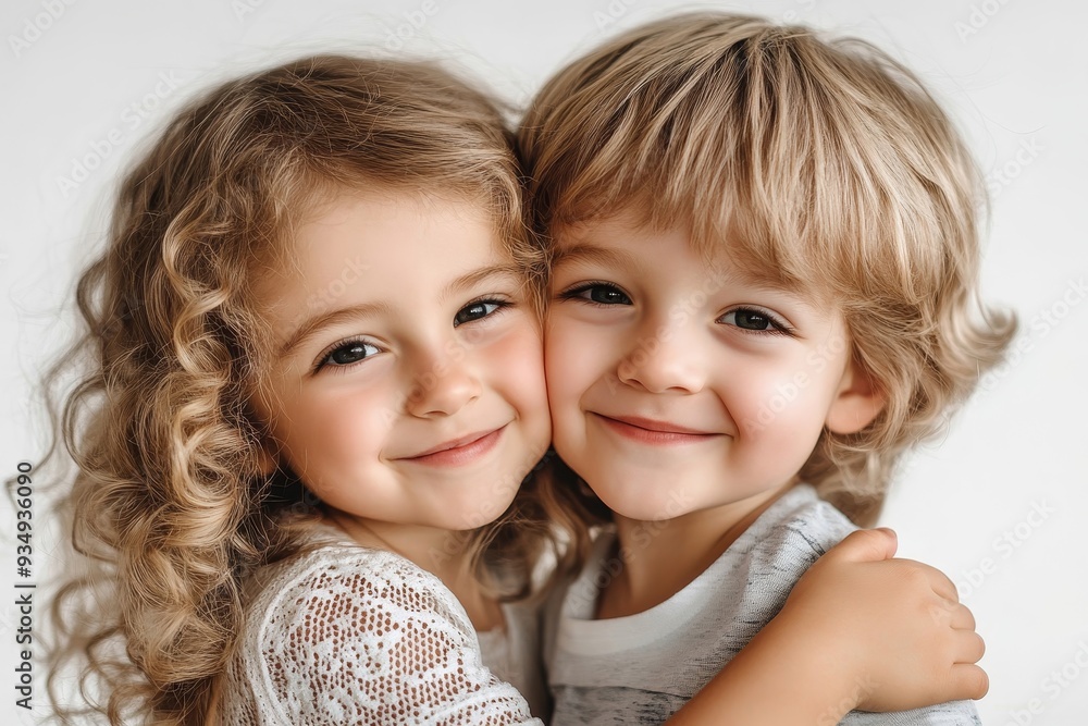 Children, brother and sister siblings kiss on cheek in family portrait with love and care. Kids, hug and smile together with support for boy and girl on an isolated, white background, Generative AI Children, brother and sister siblings kiss on cheek in family portrait with love and care. Kids, hug and smile together with support for boy and girl on an isolated, white background, Generative AI